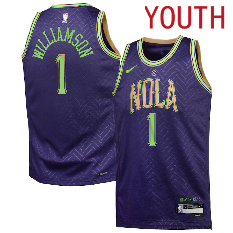 Youth New Orleans Pelicans 1 Zion Williamson Nike Purple City Edition 2024-25 Swingman Player NBA Jersey